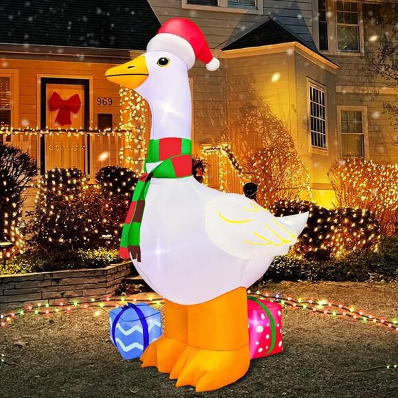 ⚡6FT Christmas Inflatables Goose with Gift Box Blow Up Yard Outdoor Decorations - Picture 1 of 6